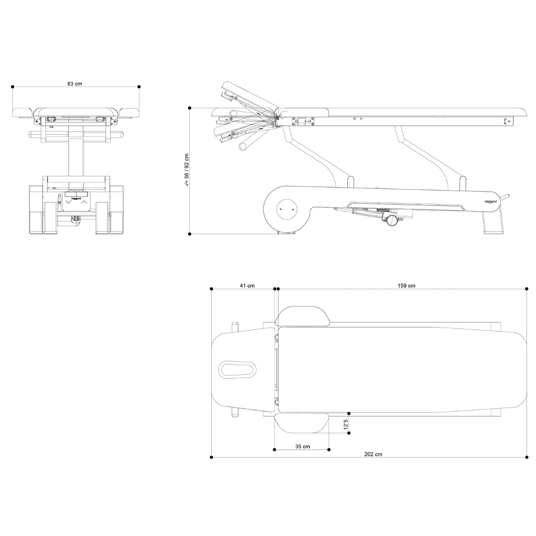 Maße der Winkelverstellung des Kopfteils und Länge der Einzelelemente der Osteopathie-Liege Naggura N'RUN2W