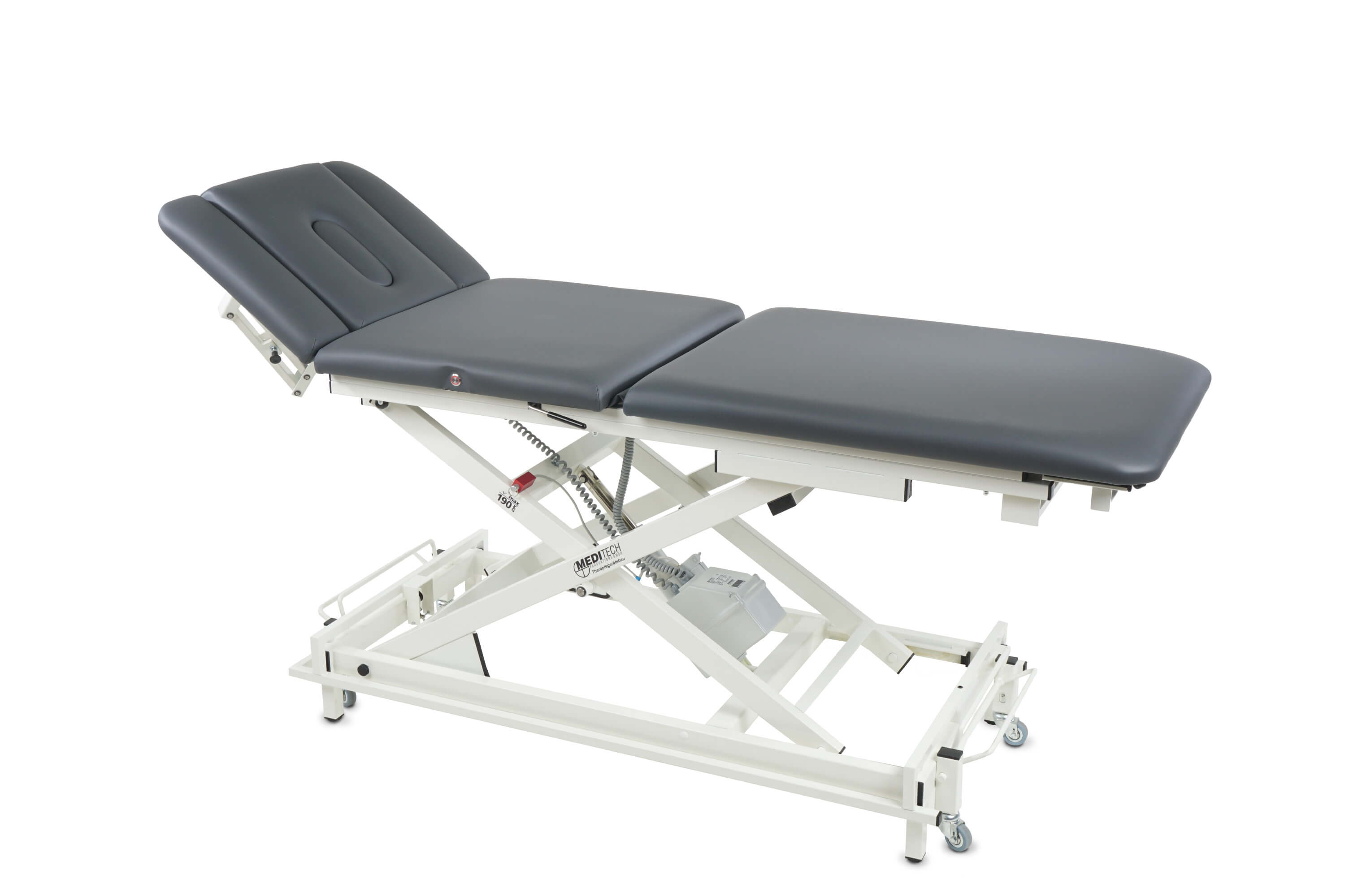 3-teilige elektrische Behandlungsliege v.ELITE-PRO in Schwarz mit 3-teiligem Kopfteil in Positivstellung