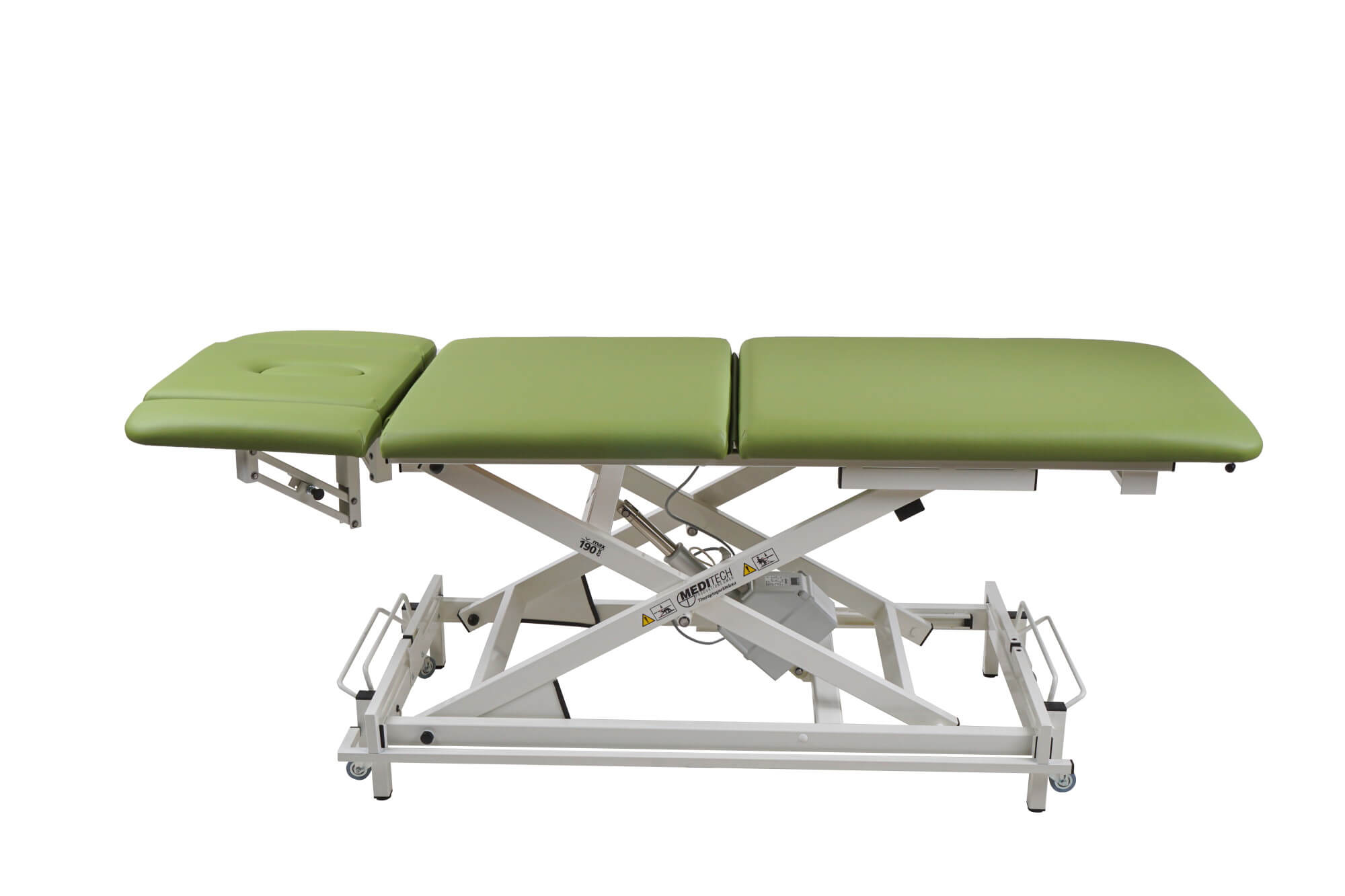 3-teilige elektrische Therapieliege Vario Nr. 1 in Grün in kompletter Seitenansicht