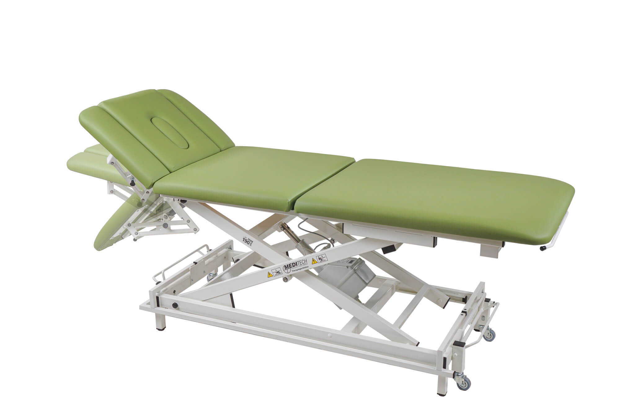 3-teilige elektrische Therapieliege Vario Nr. 1 in Grün mit statischer Animation der Kopfteilverstellung