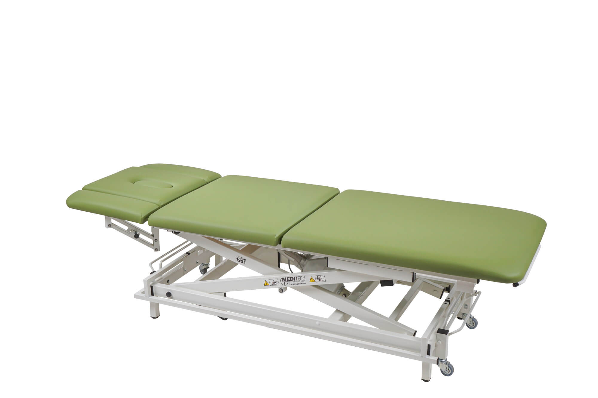 3-teilige elektrische Therapieliege Vario Nr. 1 in Grün mit abgesenkter Liegefläche