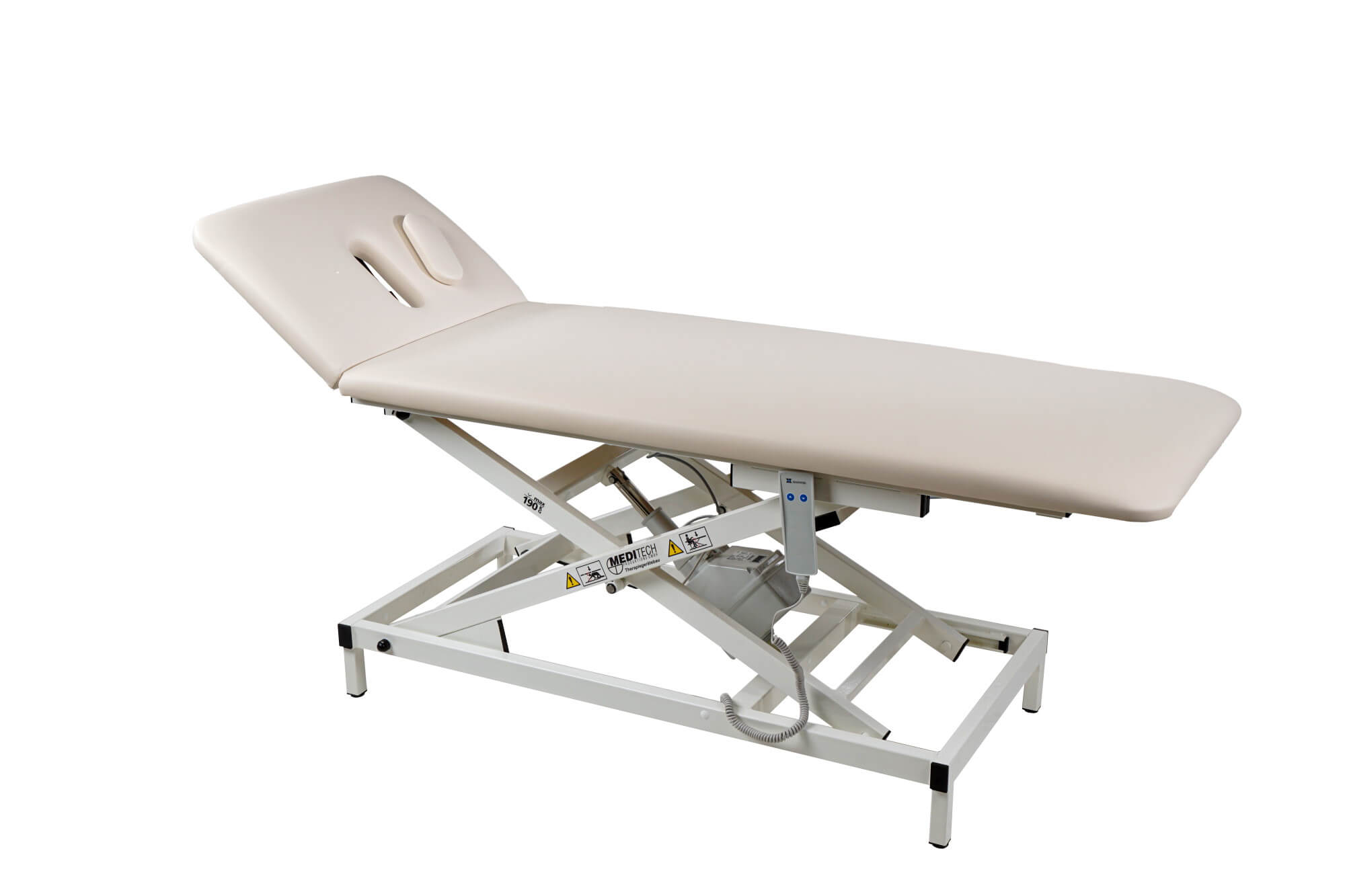 2-teilige elektrische Therapieliege Vario Nr. 1 in Creme mit Kopfteil in Positivstellung und Polstereinsatz für Nasenschlitz
