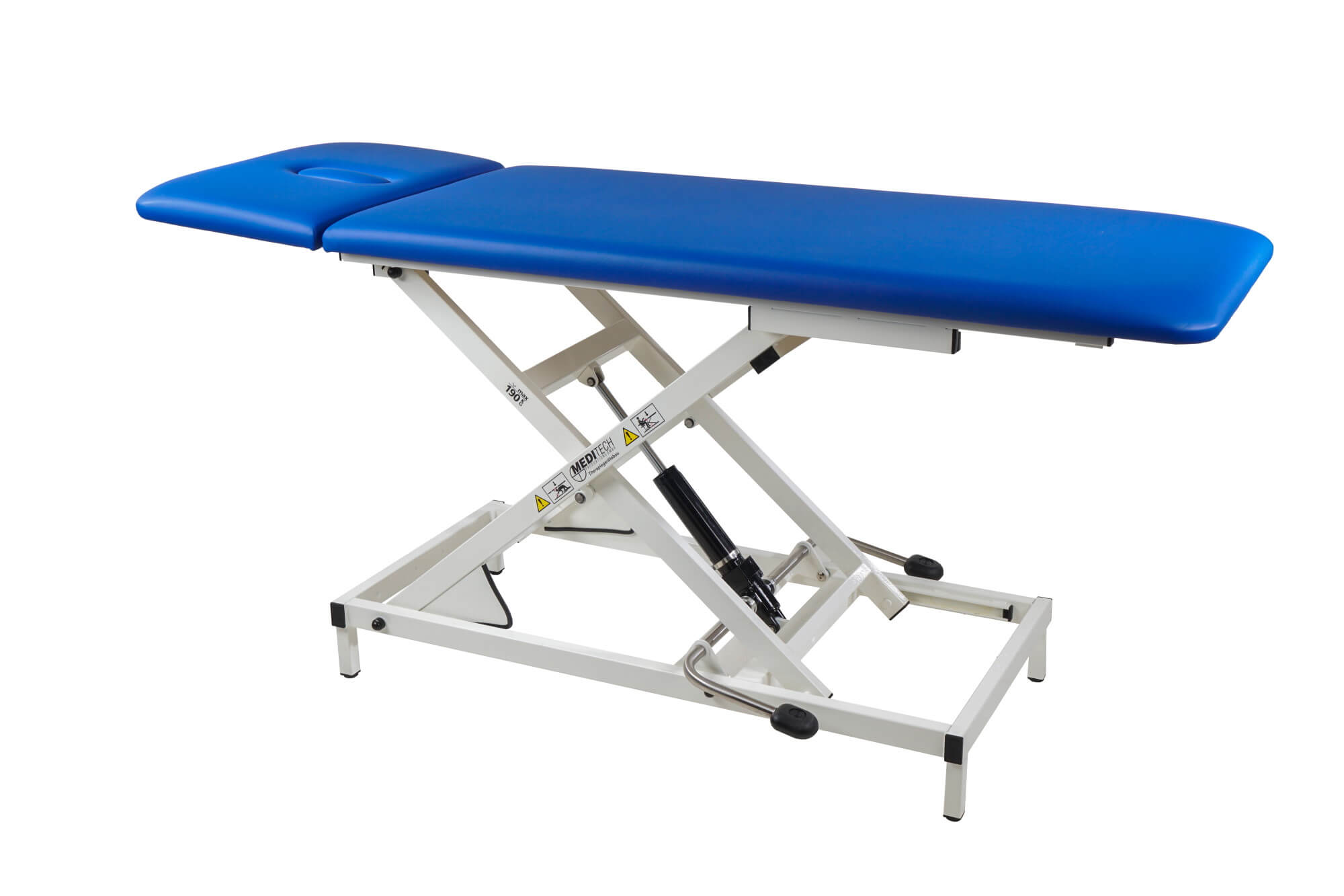 Therapieliege Vario Nr. 1 in Blau mit hochgefahrener Liegefläche