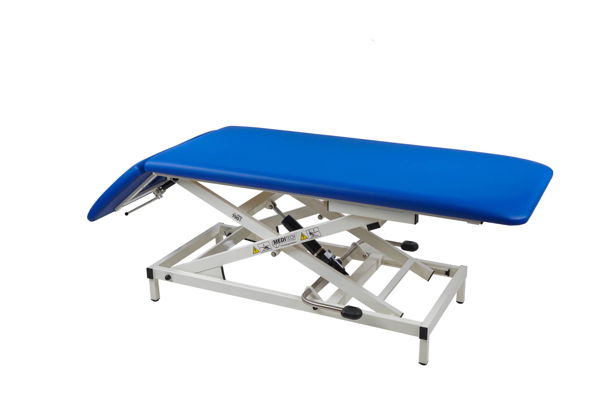 Therapieliege Vario Nr. 1 in Blau mit Kopfteil in Negativstellung