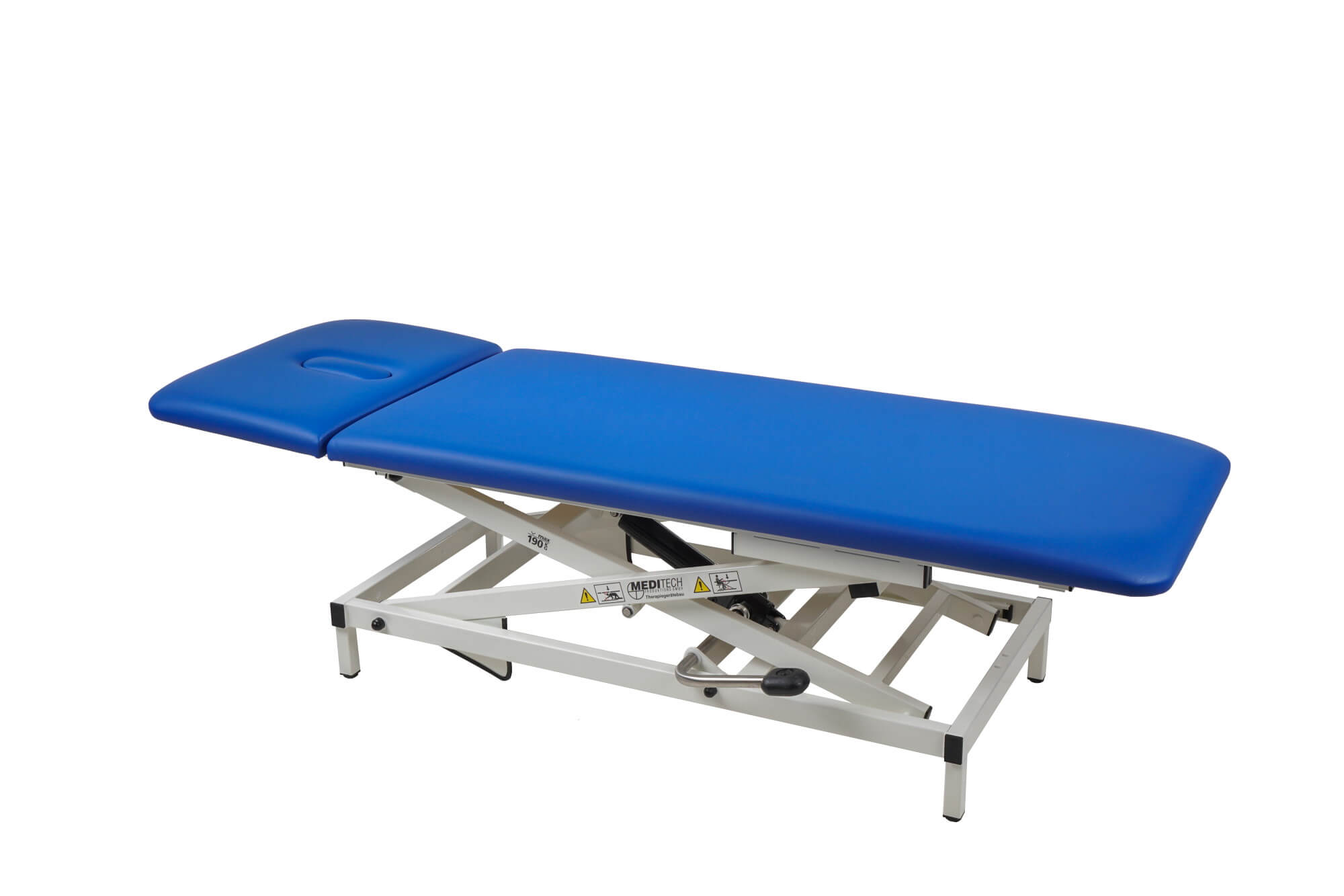 Therapieliege Vario Nr. 1 in Blau mit heruntergefahrener Liegefläche