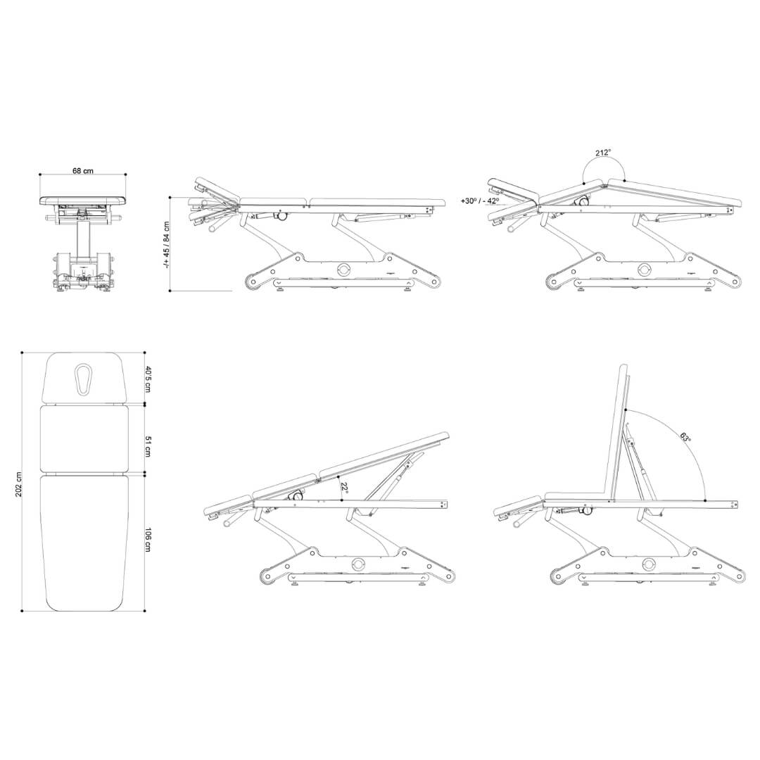 Detailansicht mit Winkel- und Längenmaßen der Behandlungsbank Naggura N'GO3