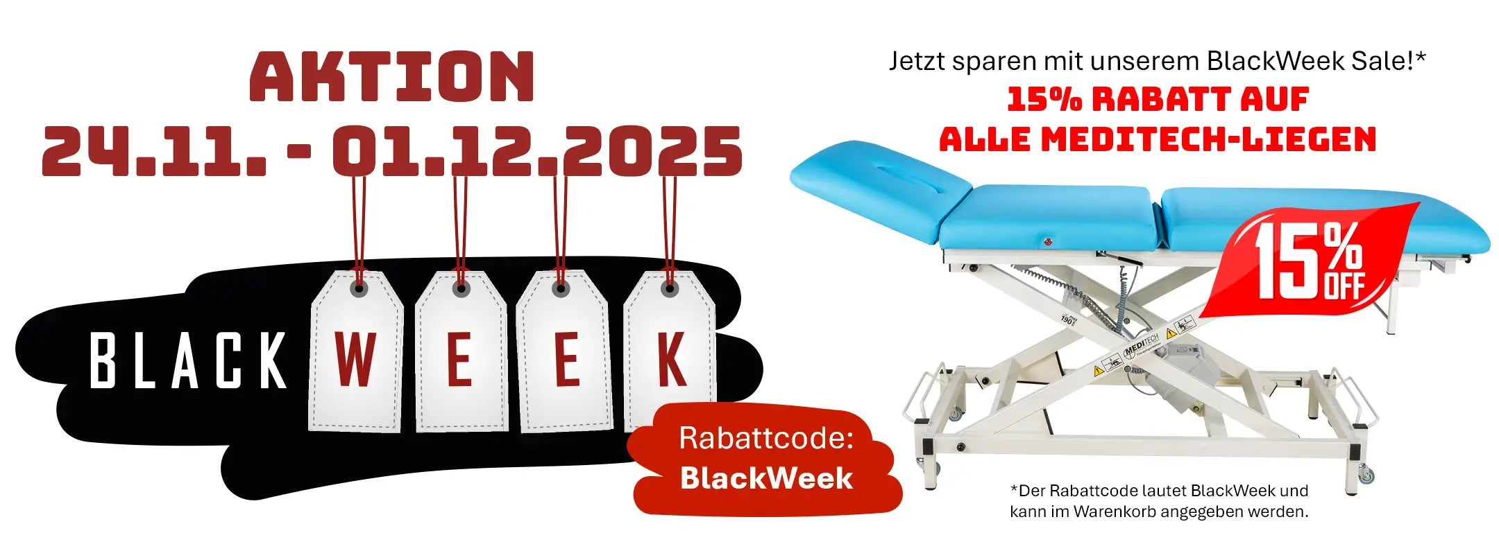 Banner zur BlackWeek Aktion mit 15% Rabatt auf Vario Liegen