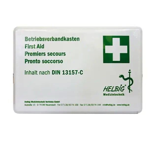 Betriebsverbandkasten in weiß für Erste Hilfe mit grüner Beschriftung 