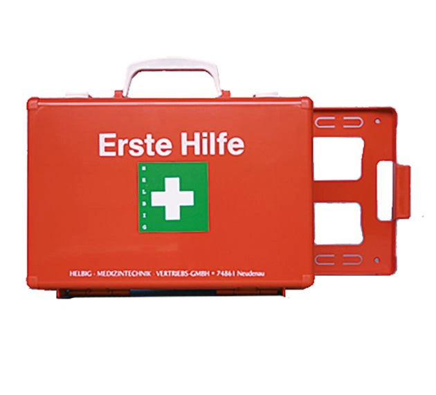 Betriebsverbandkasten für Erste Hilfe in rot mit weißer und grüner Beschriftung