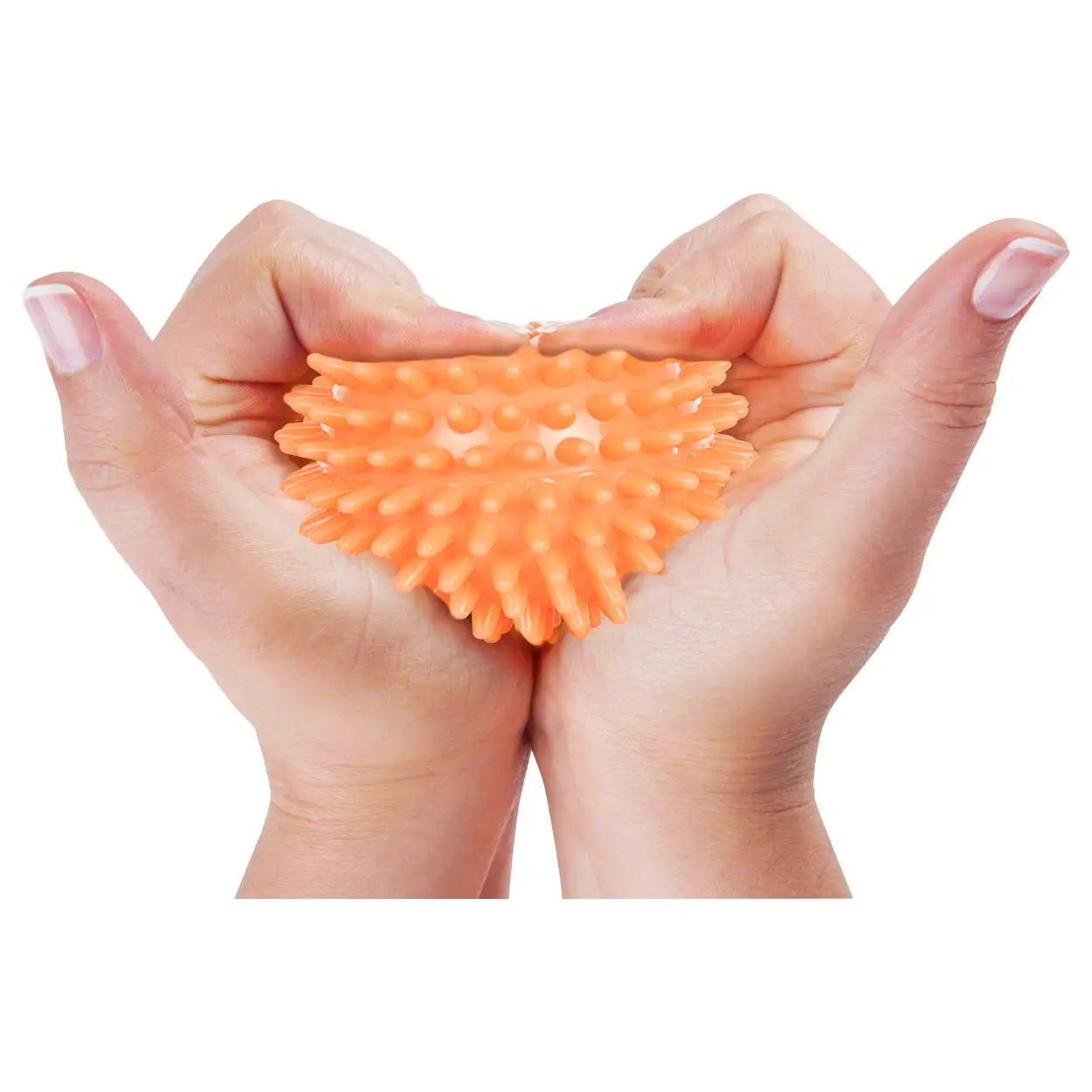 Zwei Hände trainieren mit Igelball Sport-Tec Soft in neon-orange