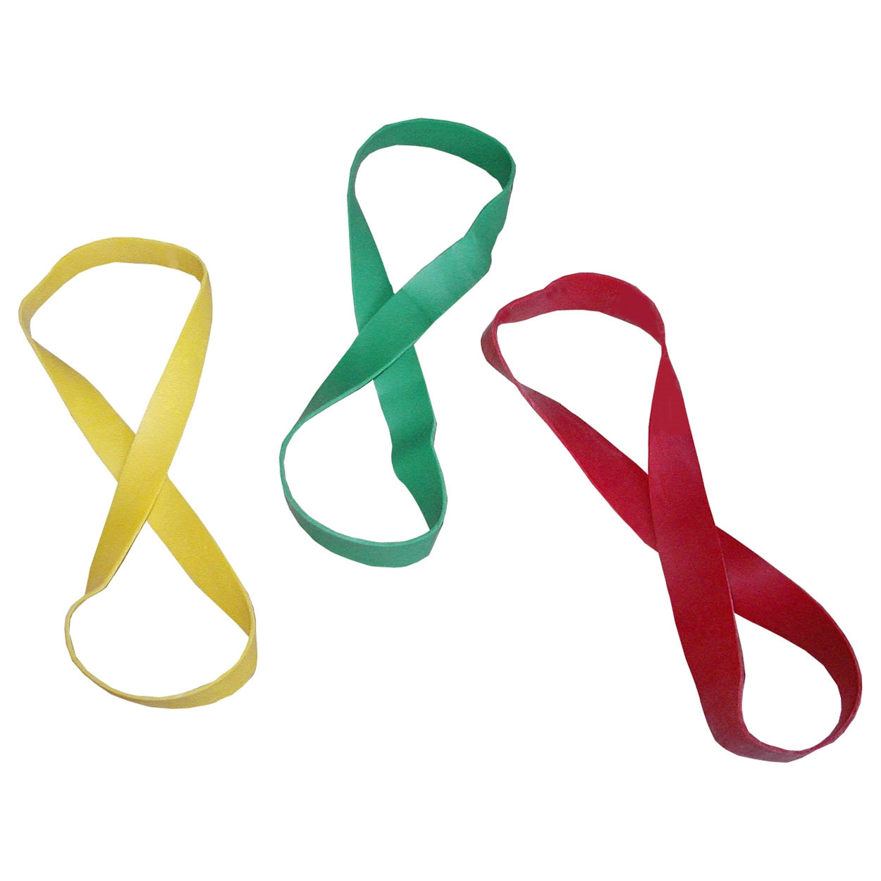 Rubberband Sport-Tec in gelb, grün und rot nebeneinander