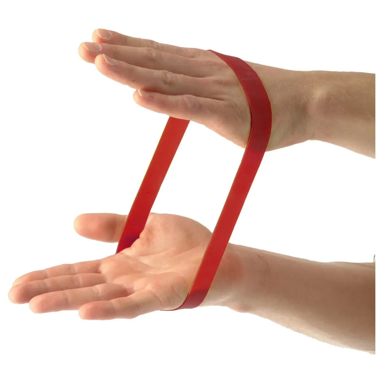 Person zieht Rubberband Sport-Tec in rot mit Handaußenflächen auseinander