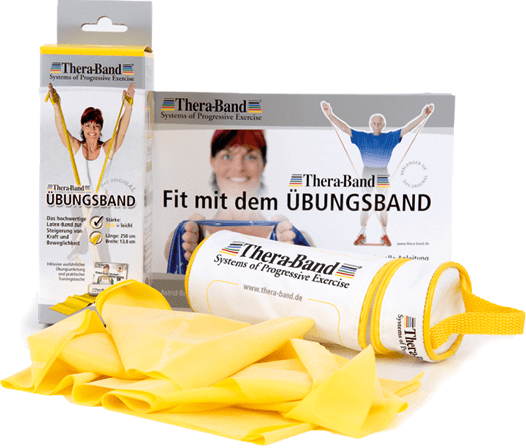 Theraband 2,5 m Original in Gelb vor Reißverschlusstasche und Verpackung