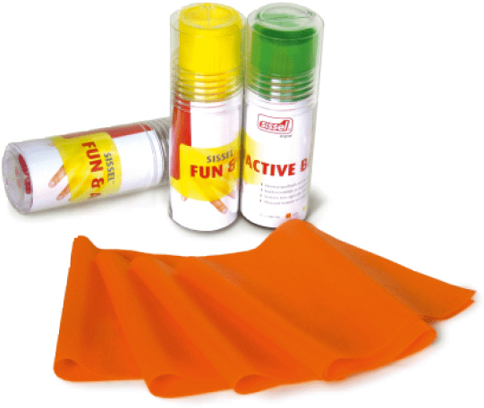 Fitnessband SISSEL® Fun & Active in Orange vor drei Verpackungen