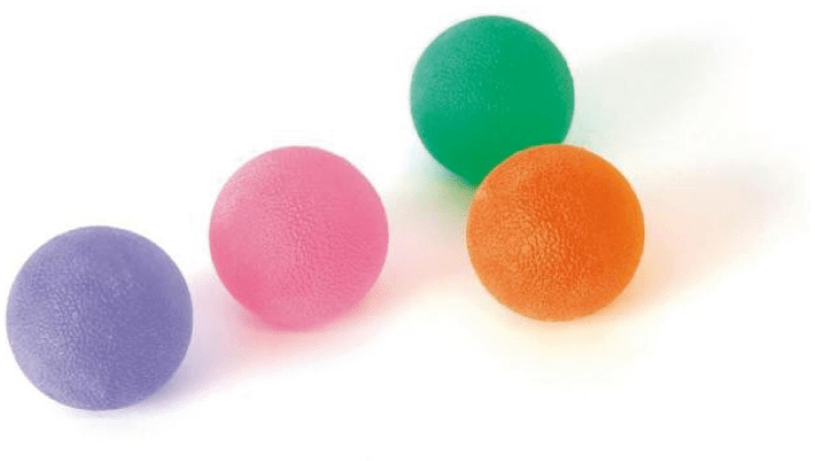 Vier Therapiebälle SISSEL® Press-Eggs in blau, lila, orange und grün