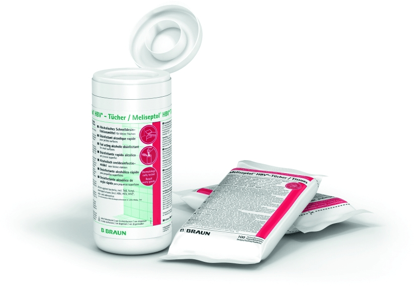 Geöffnete Spenderbox neben zwei Packungen Desinfektionstücher Meliseptol® HBV