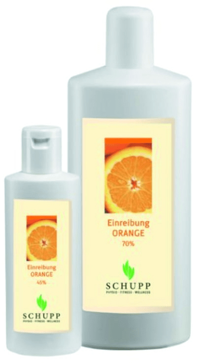 Zwei Flaschen medizinische Einreibung Schupp Orange mit Alkohol in unterschiedlicher Größe
