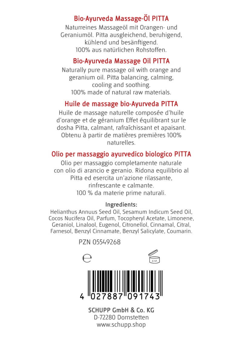 Rückseite der Flasche Bio-Massage-Öl Schupp Pitta mit Inhaltsstoffen und Barcode