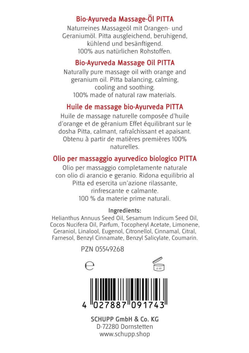 Bio-Massage-Öl Schupp Pitta für Ayurveda