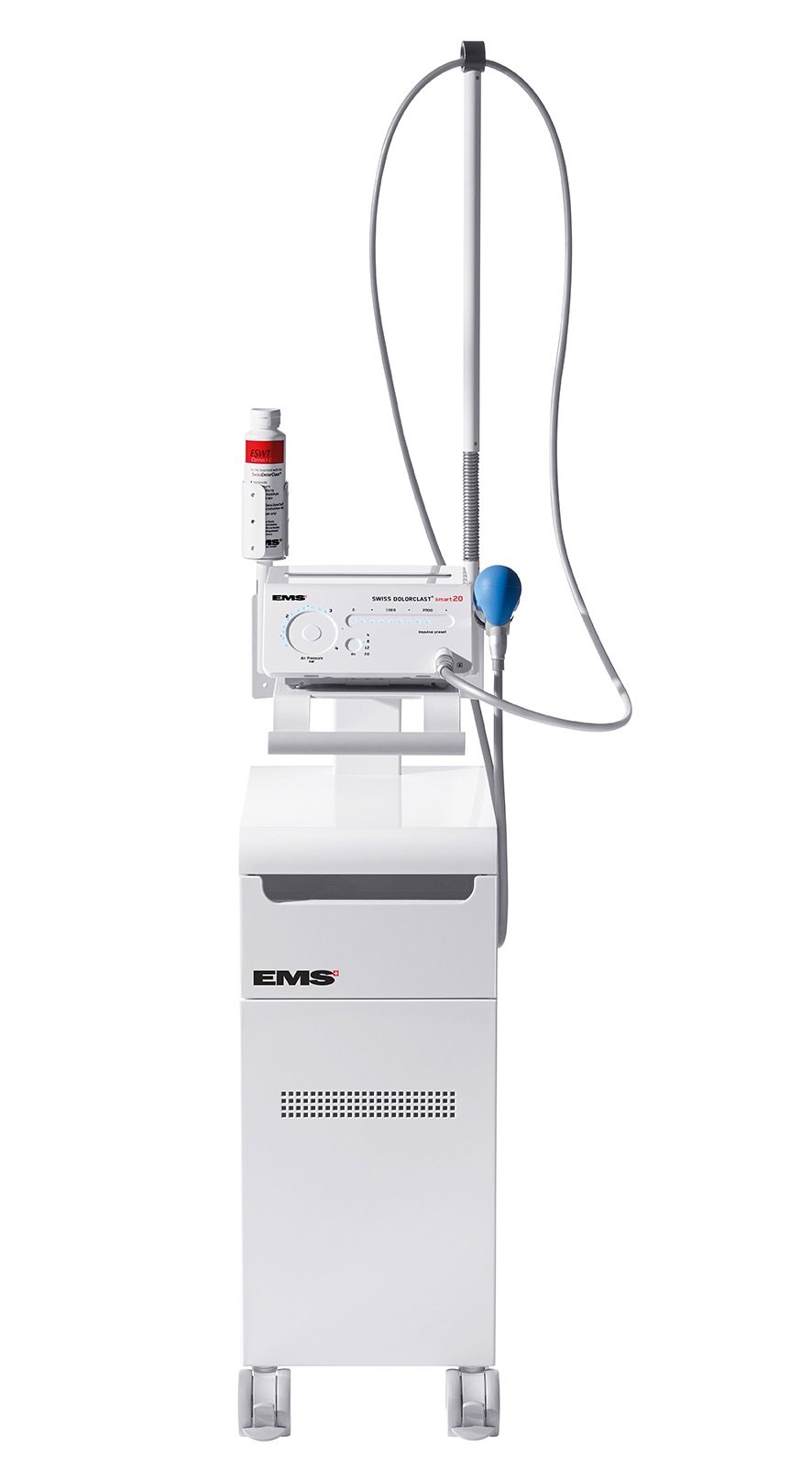 Radiales Stoßwellengerät SWISS DOLORCLAST® smart 20hz mit Gerätewagen in Frontansicht

