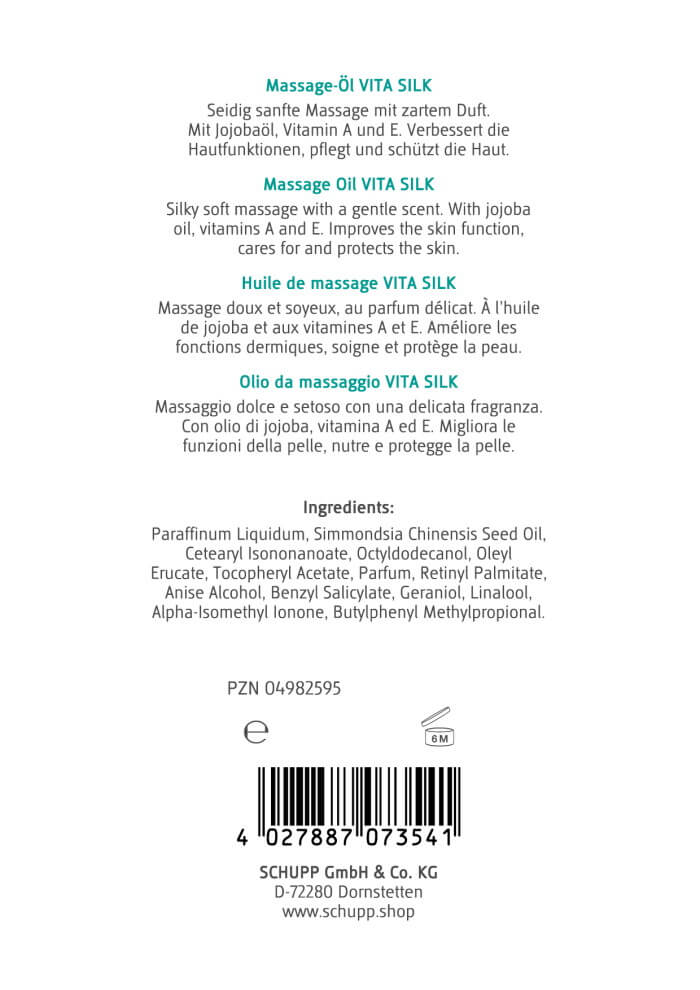 Rückseite der Flasche Massageöl Schupp Vita Silk mit Inhaltsstoffen und Barcode
