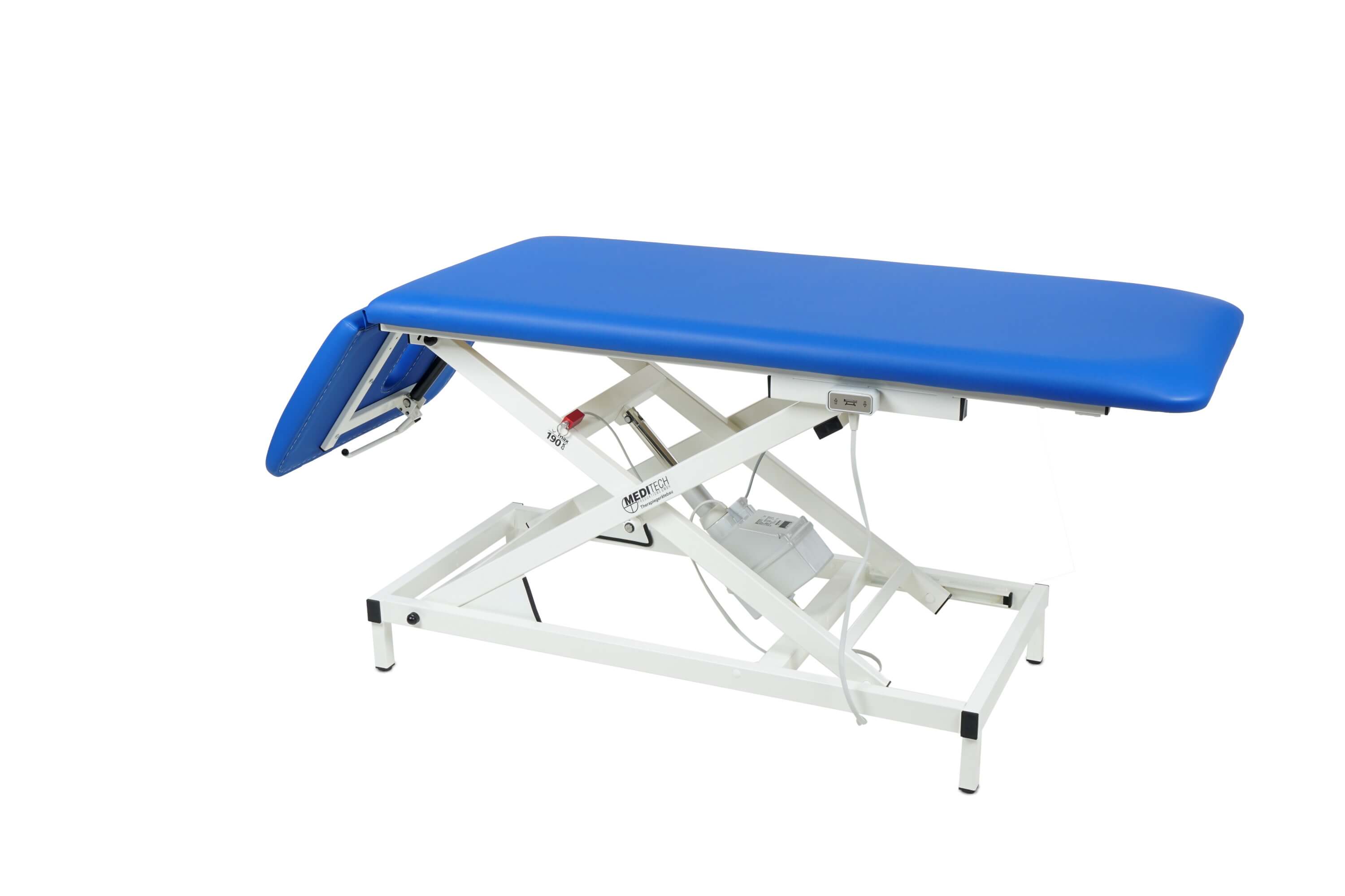 2-teilige elektrische Physiotherapieliege v.STARTER'EL in Blau mit Kopfteil in Negativstellung