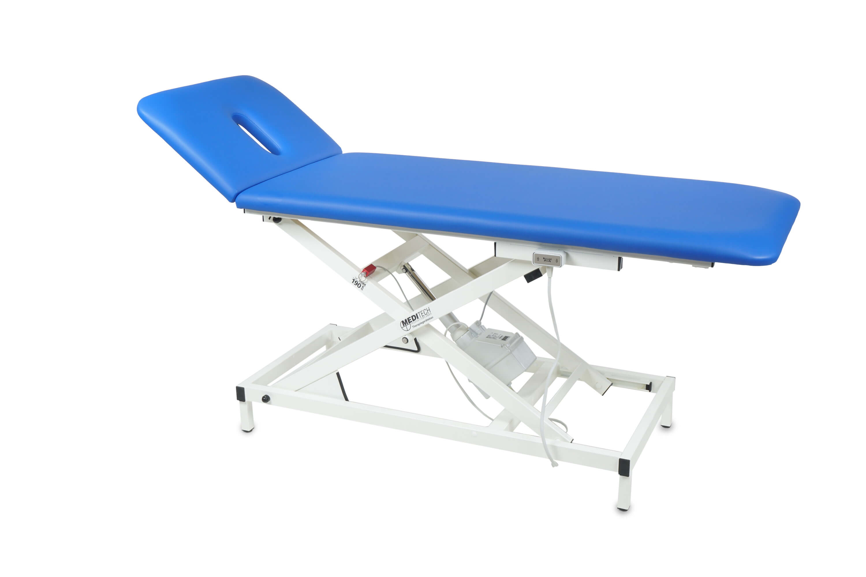 2-teilige elektrische Physiotherapieliege v.STARTER'EL in Blau mit Kopfteil in Positivstellung
