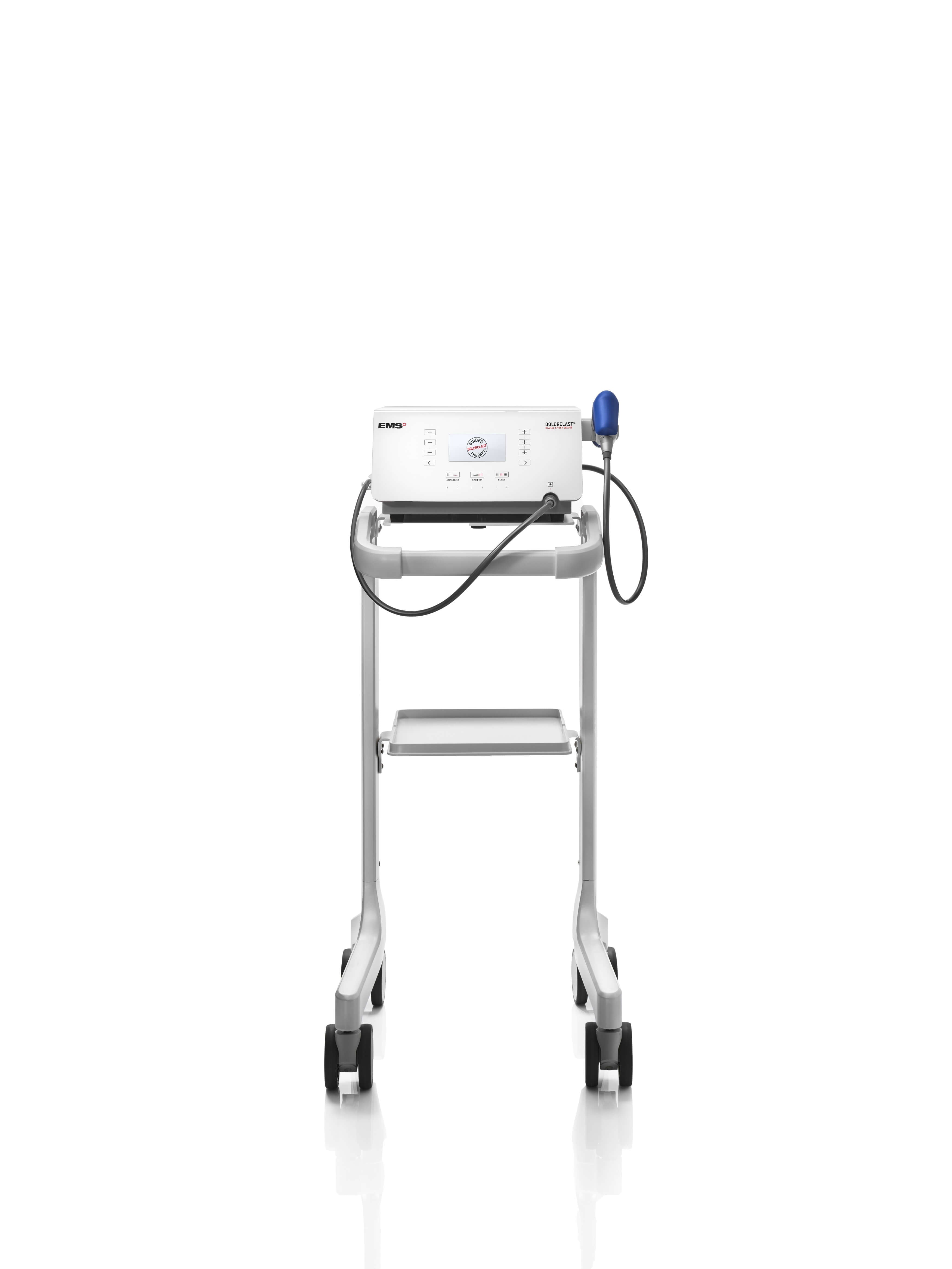 Stoßwellengerät SWISS DOLORCLAST® Radial Shock Waves mit Gerätewagen in Frontansicht
