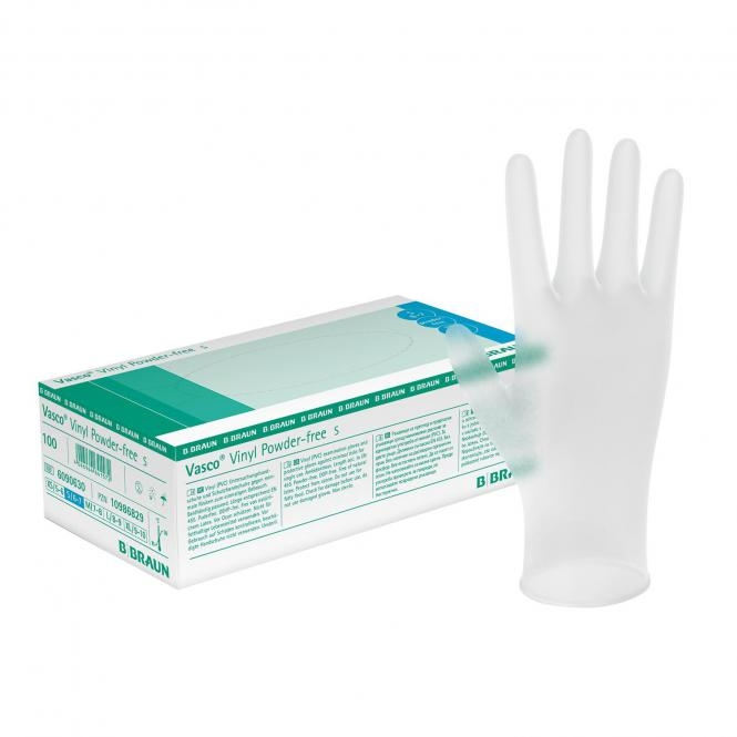 Einmalhandschuh Vasco Vinyl puderfree neben Verpackung