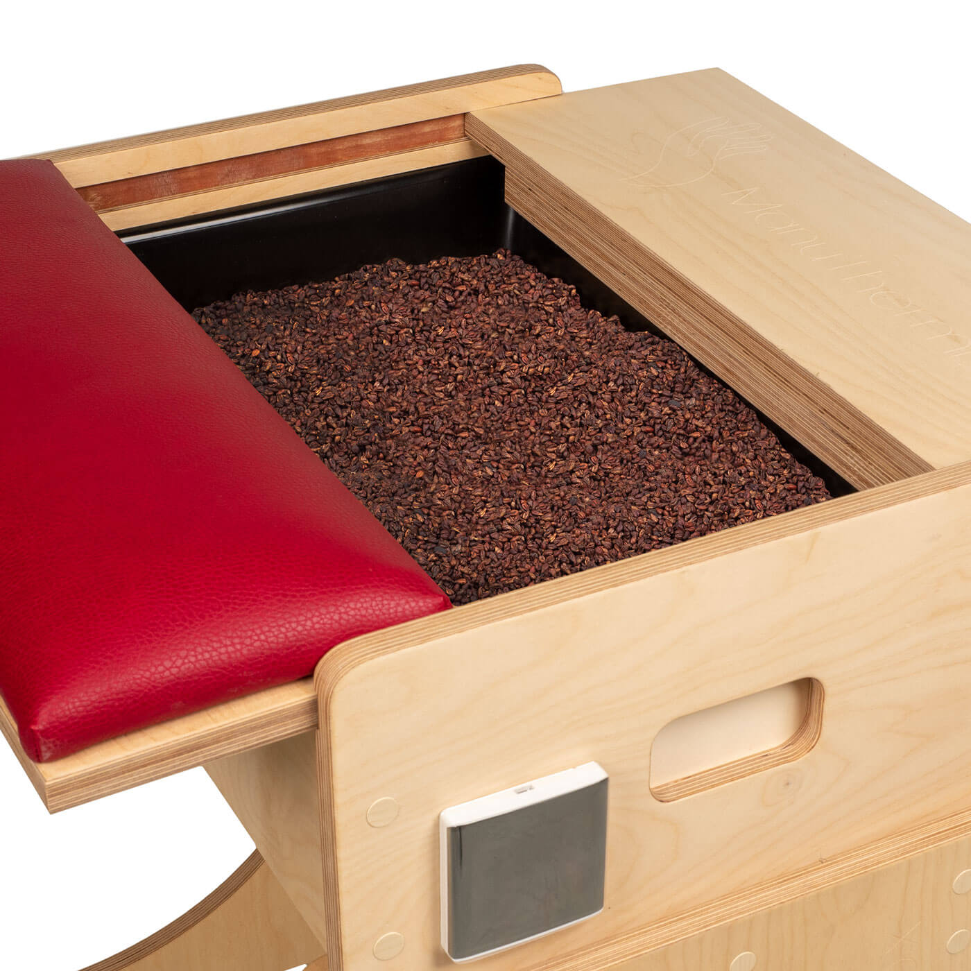 Wärmegerät ManuThermBox Sandbox mit rotem Polster und geöffneter Schublade und Traubenkernfüllung
